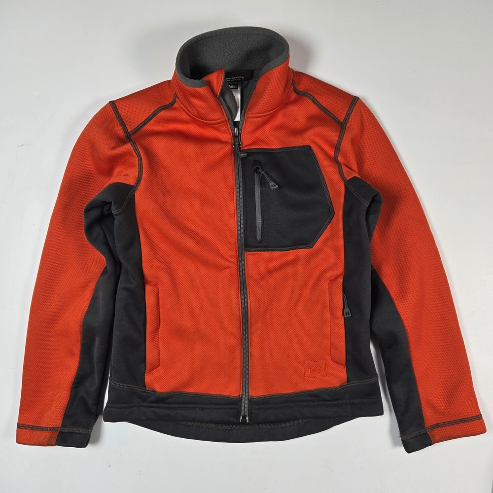 REI Full Zip Fleece Jacket Boys S (8) Orange Gray Textured Outdoor Hiking Coat